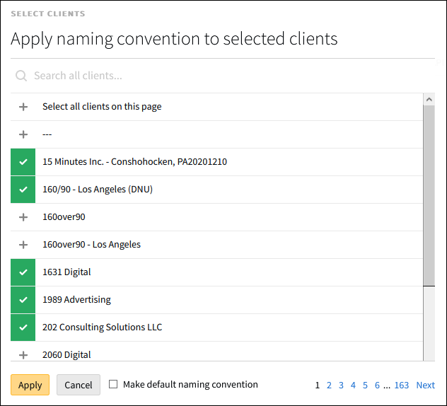The Selecting Clients modal of applying naming convention with multiple clients selected